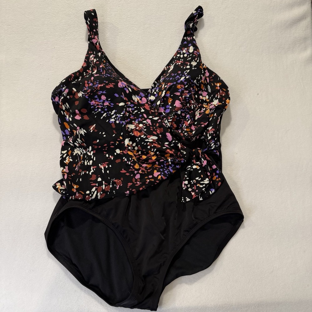 Embrace Your Curves Miracle Brands Swimsuit 1X Black Abstract Floral Wrap Tie